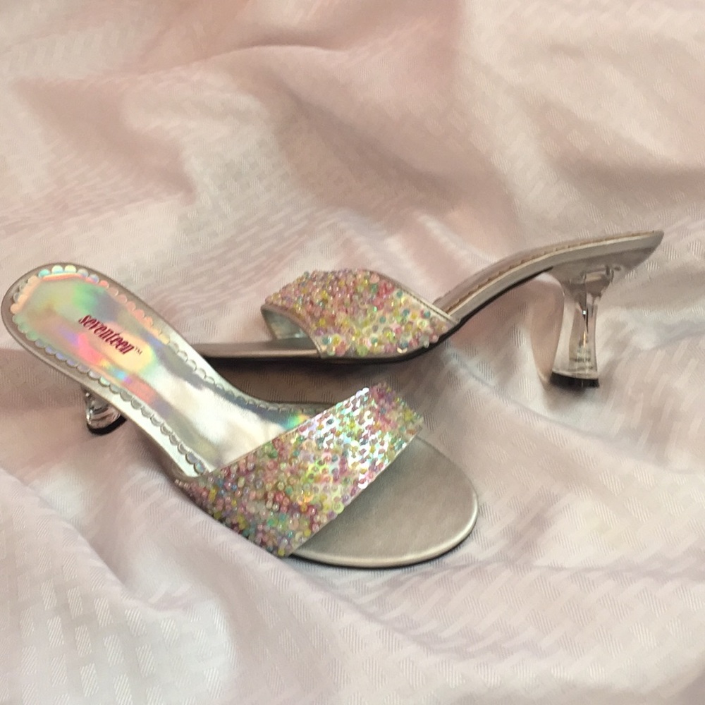 Beaded formal shoes with lucite heels.